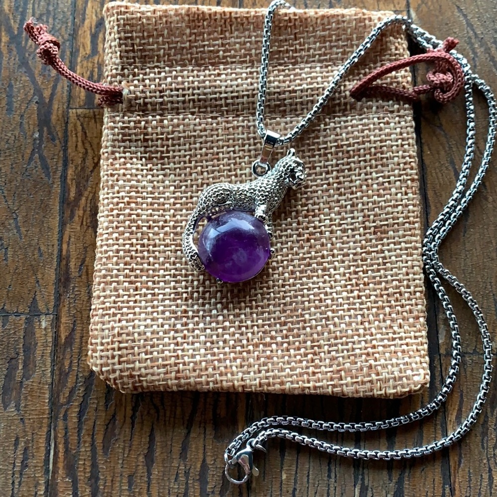 Amethyst Cheetah Necklace Kitty Cat Pendant Amethyst Necklace Tiger Necklace